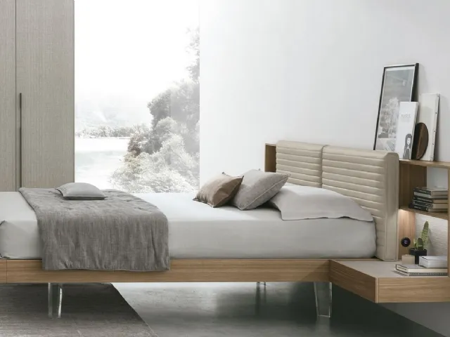 Yuki bed in walnut textured finish with padded headboard in faux leather by Tomasella.