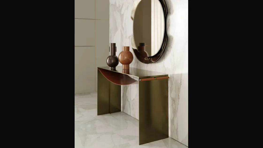 Mobile entry console Piper in steel with leather shelf by Bontempi.