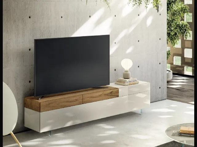 Mobile TV cabinet 36e8 2657 in glossy glass and wood by Lago