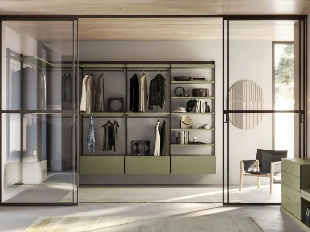 Naked walk-in wardrobe in matte olive lacquer by Orme.