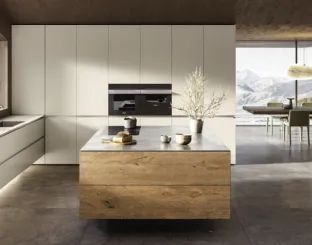 Lacquered kitchen design with wooden island 36e8 Cut Project 2826 by Lago.