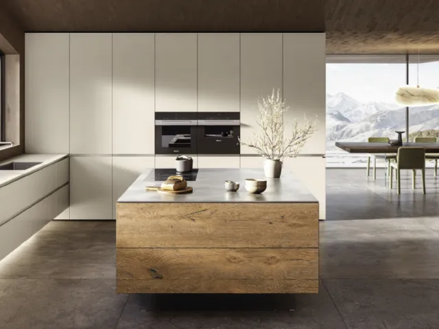 Lacquered kitchen design with wooden island 36e8 Cut Project 2826 by Lago.