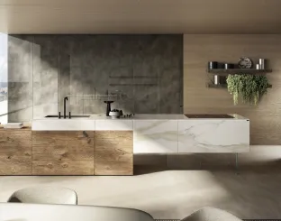 Design kitchen with island 36e8 Project 2810 in glass with marble effect and wood by Lago.