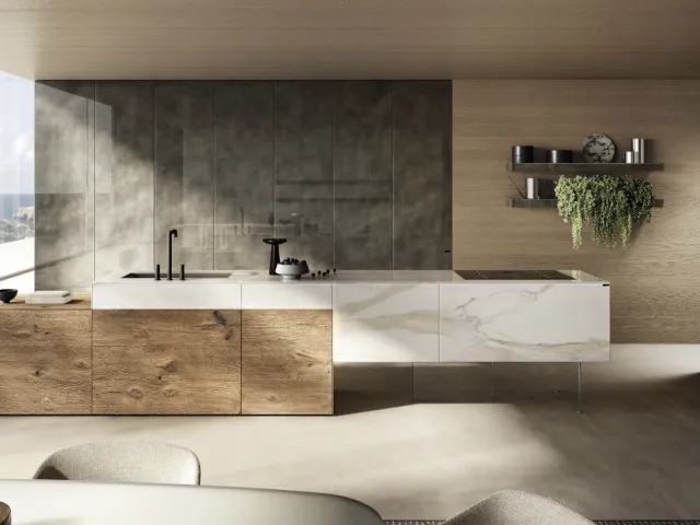 Design kitchen with island 36e8 Project 2810 in glass with marble effect and wood by Lago.