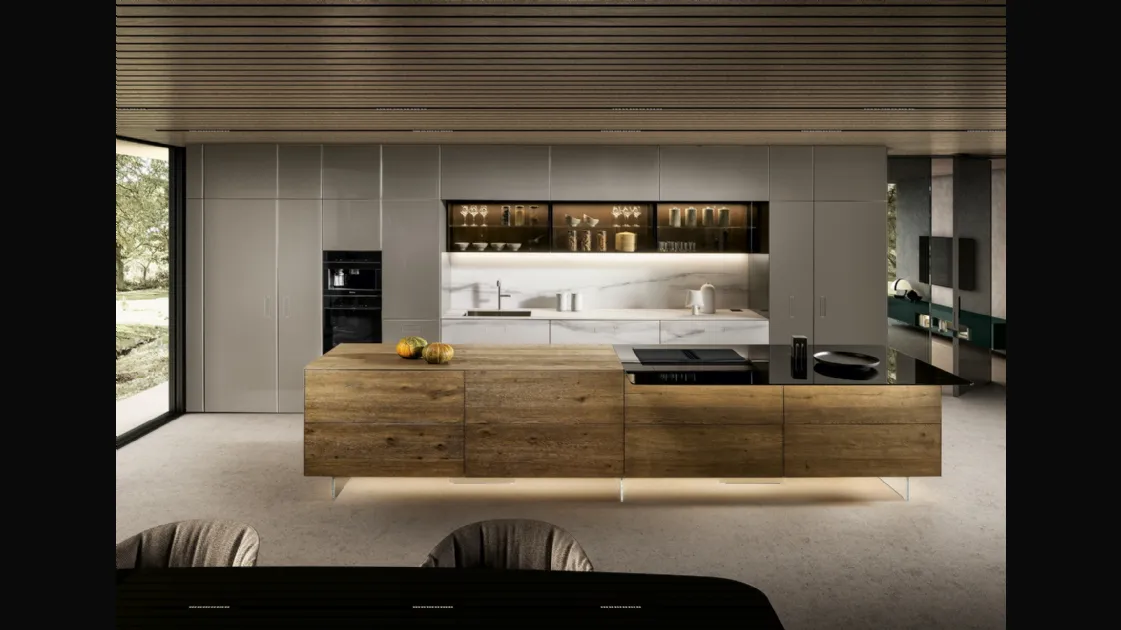 Design kitchen with 36e8 Project 2811 island in wood and glass by Lago.