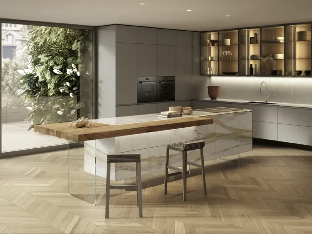 Kitchen Design with island 36e8 Project 2813 in marble effect glass by Lago