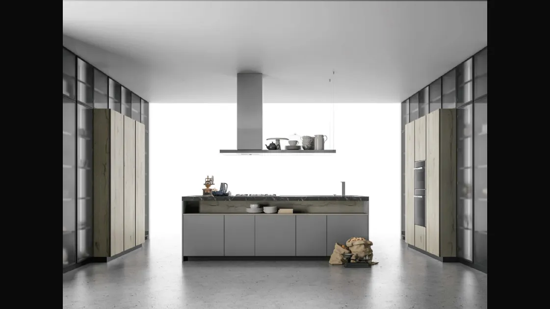 Aspen Knotted Oak and Grey Glass Kitchen Design by Doimo Cucine.