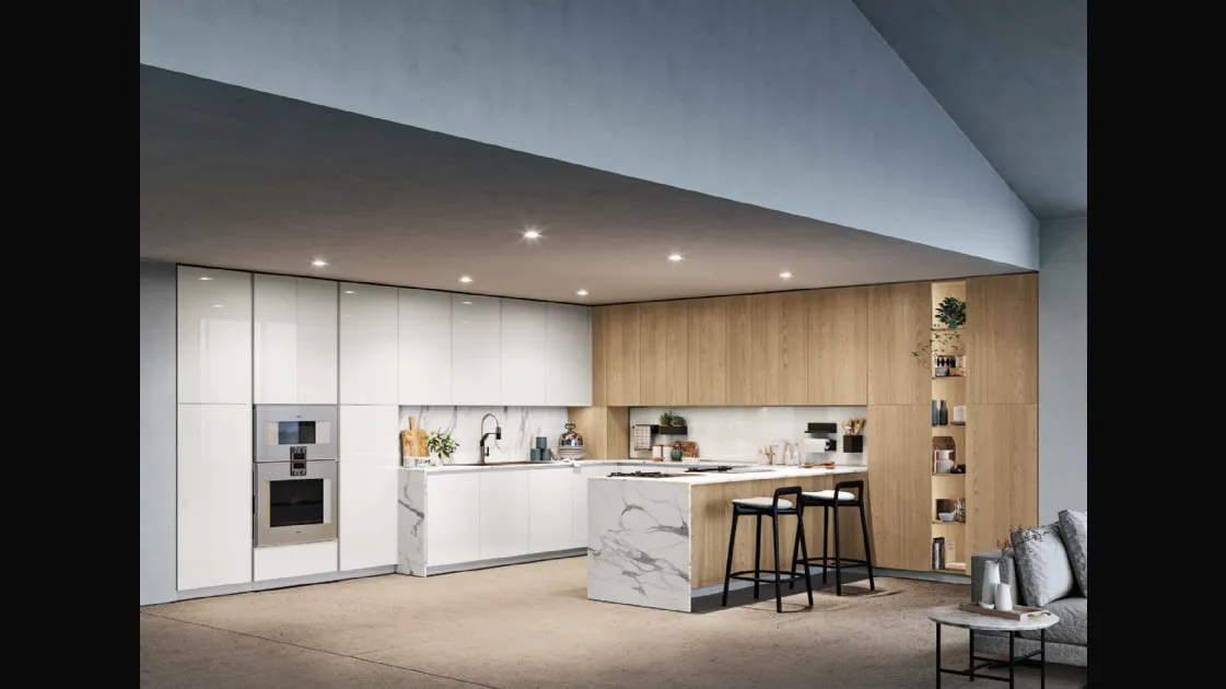 Modern kitchen with peninsula D23 in White and Oak by Doimo Cucine