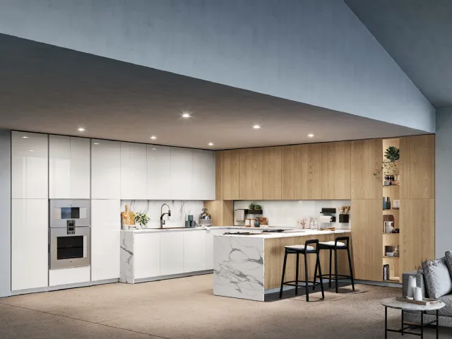 Modern kitchen with peninsula D23 in White and Oak by Doimo Cucine