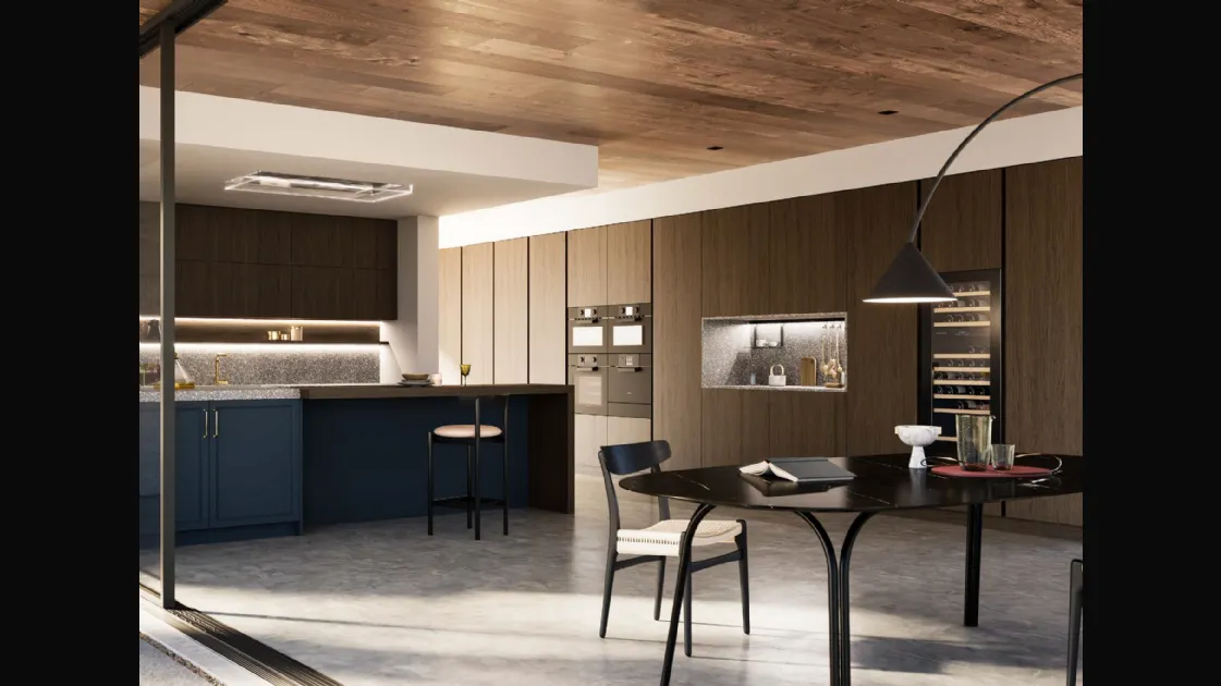 Modern Kitchen D23 lacquered in Blue and Oak by Doimo Cucine.