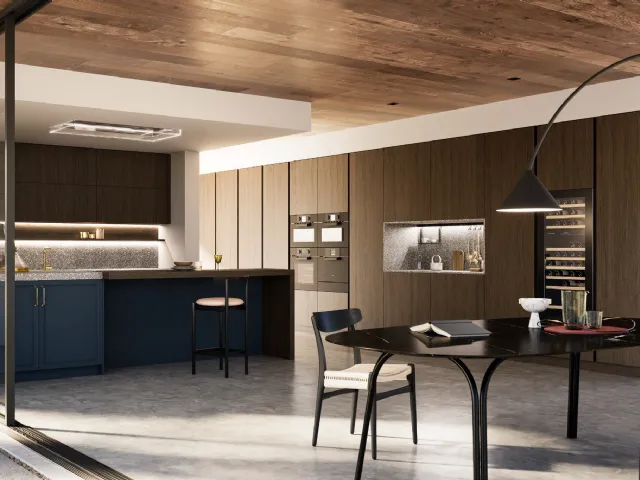 Modern Kitchen D23 lacquered in Blue and Oak by Doimo Cucine.