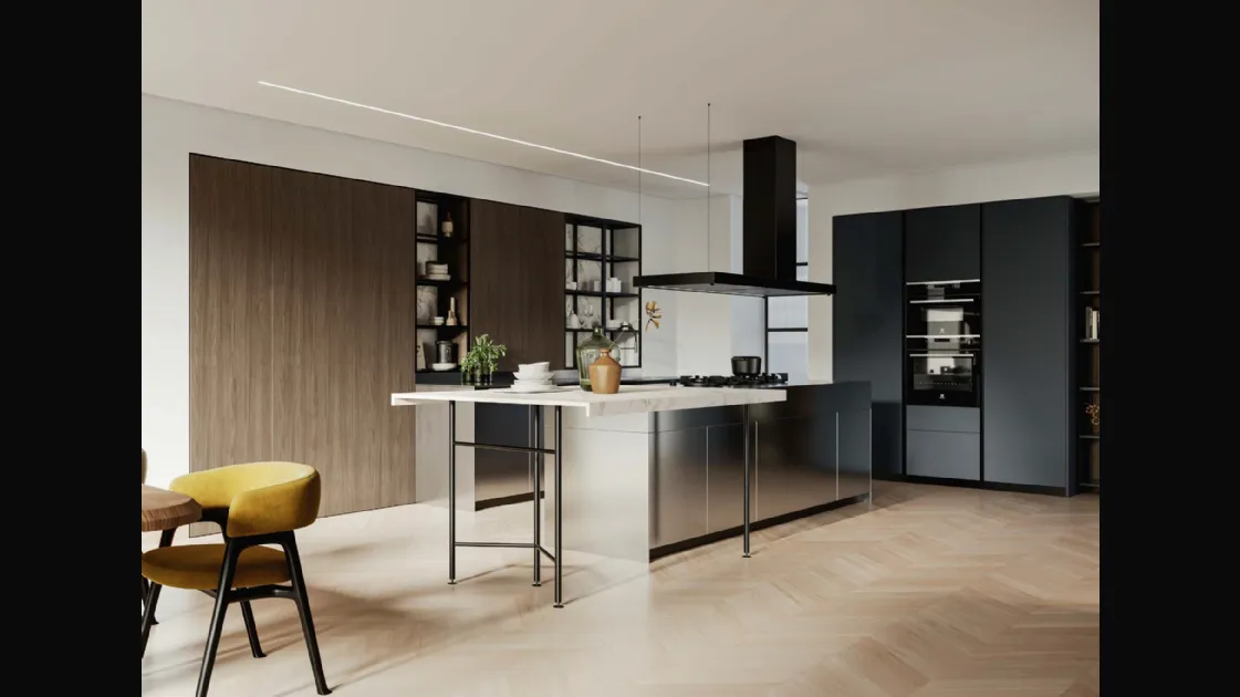 Modern kitchen D23 with stainless steel island and anthracite lacquered finish by Doimo Cucine.