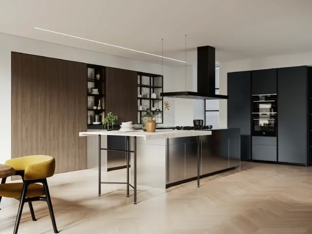 Modern kitchen D23 with stainless steel island and anthracite lacquered finish by Doimo Cucine.